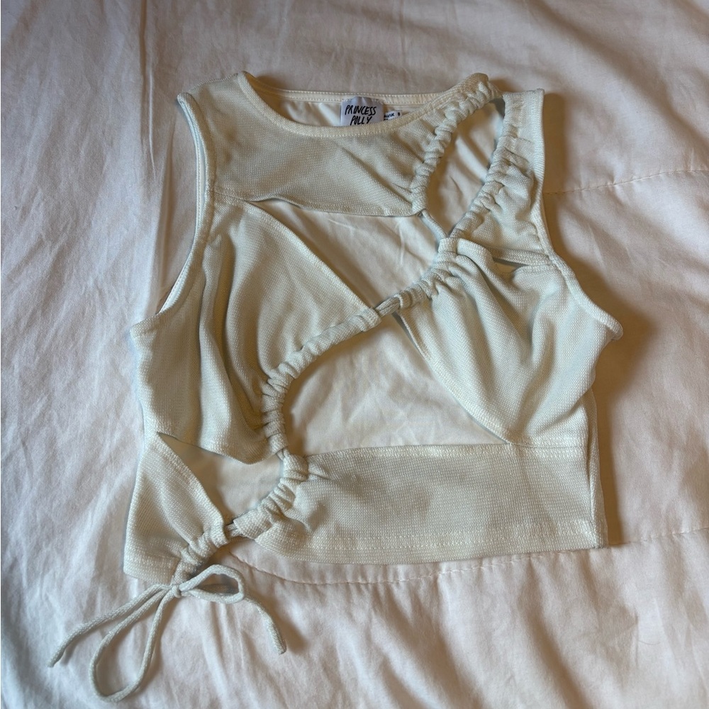 Princess Polly Cream Ruched Cutout Crop Top